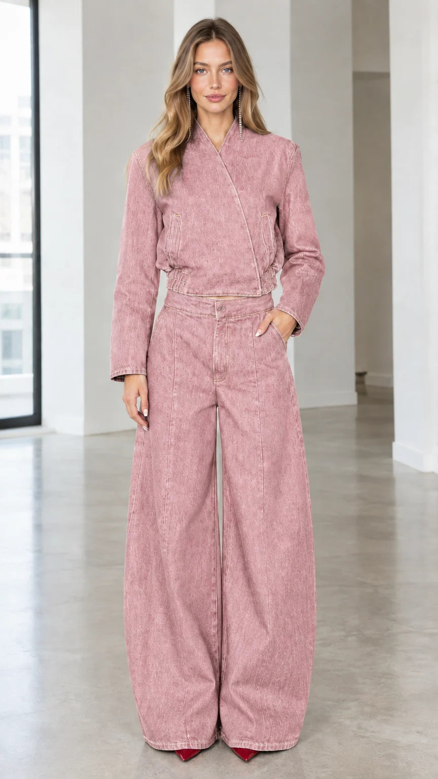 Full front view of dusty pink denim jacket and wide leg pants matching set