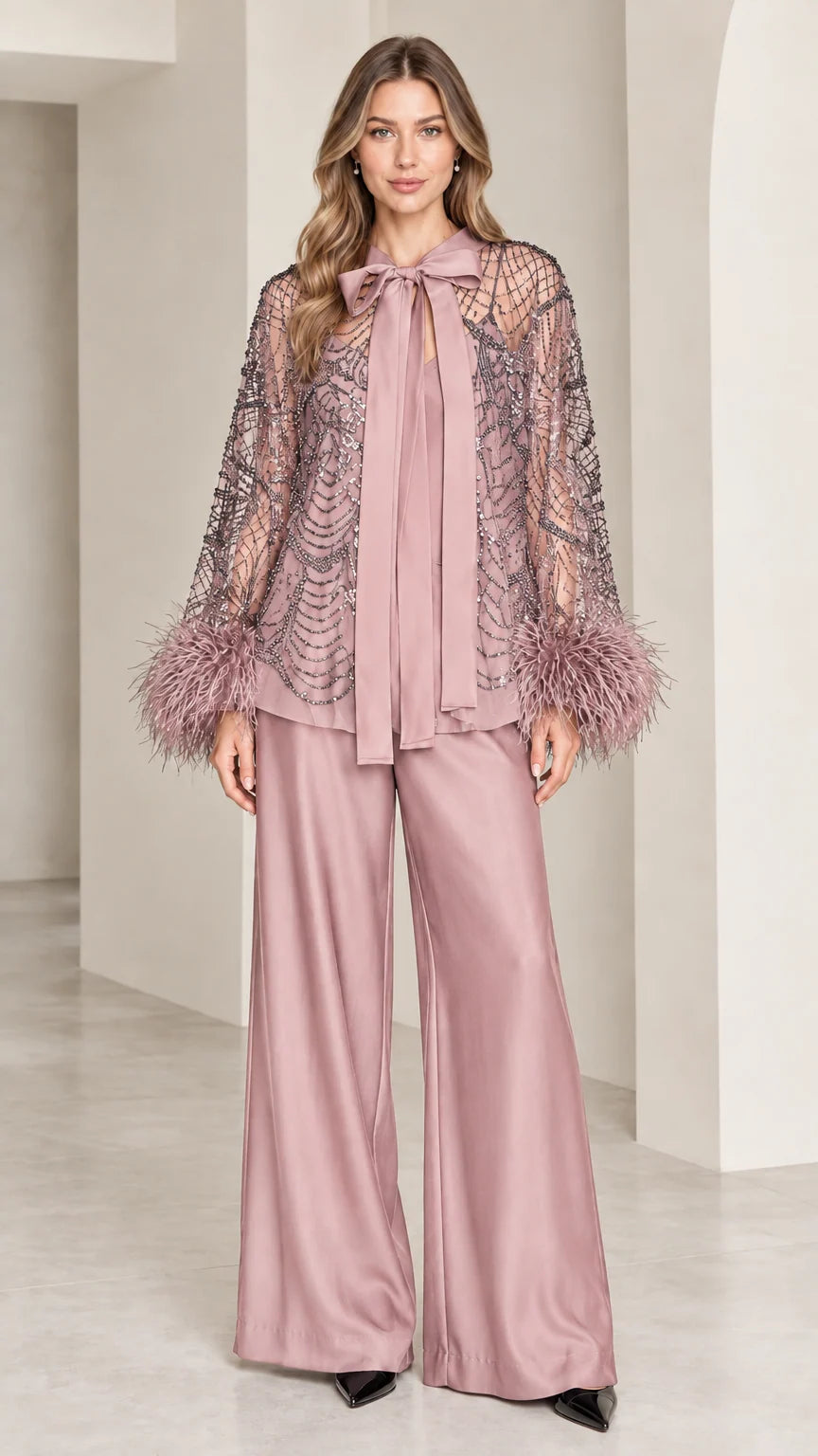 Dusty rose sequined bow top and wide-leg satin pant set