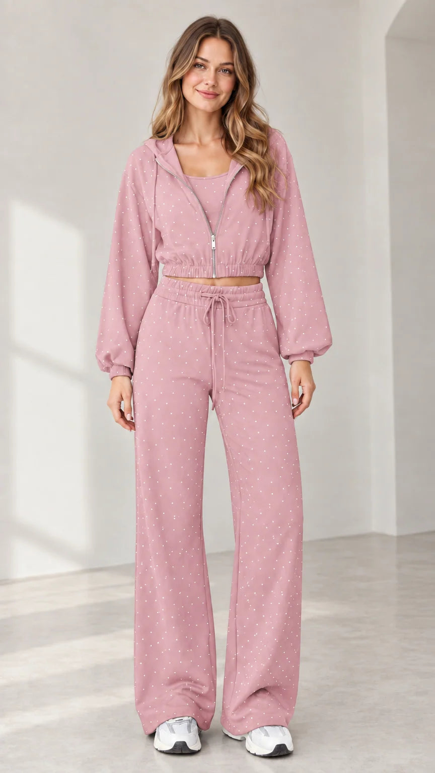 Full front view of model wearing dusty pink rhinestone 3-piece lounge set