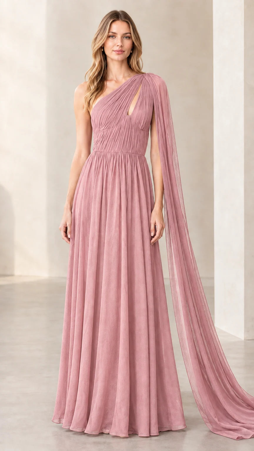 Dusty pink asymmetrical pleated chiffon cape evening gown