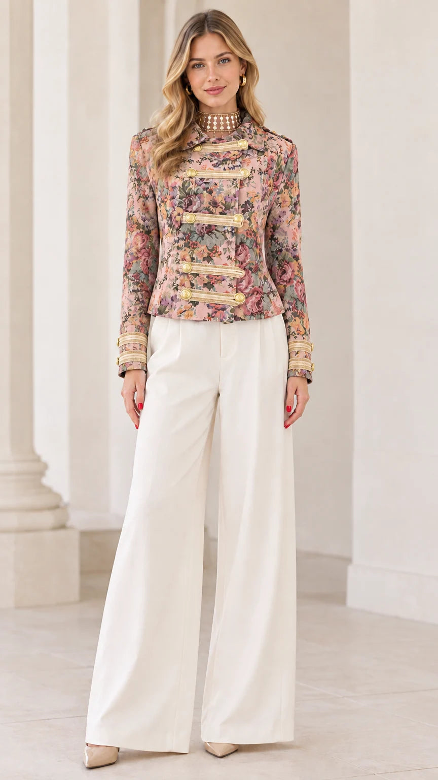 Full front view of Rose Floral tapestry military jacket styled with white trousers