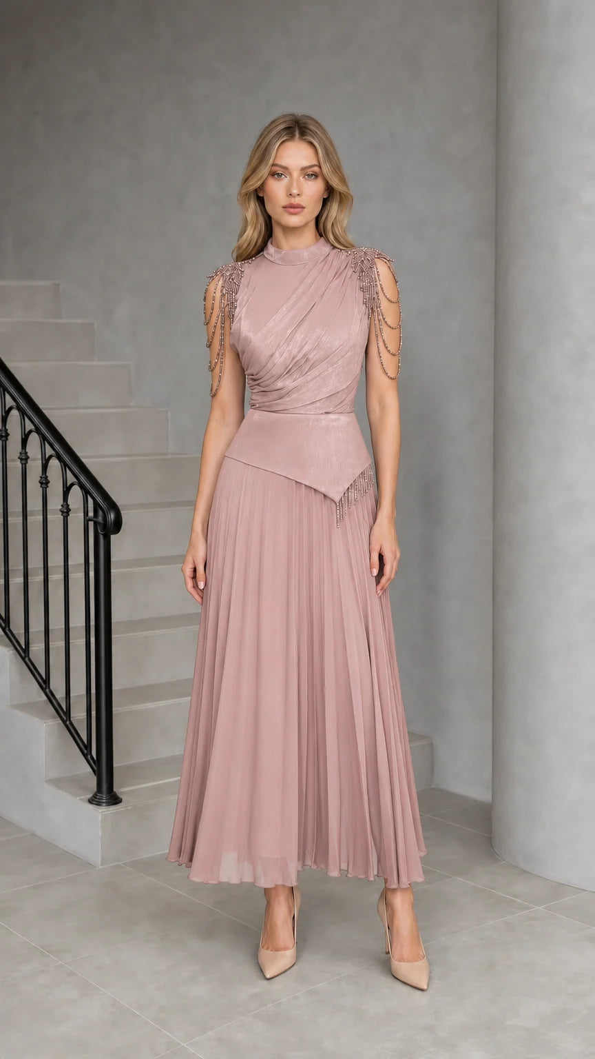 Dusty Rose Mock Neck Beaded Fringe Pleated Maxi Dress