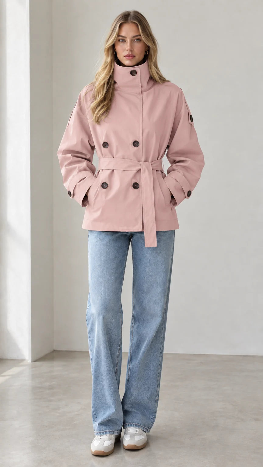 Model wearing dusty pink stand-collar short trench coat with belt