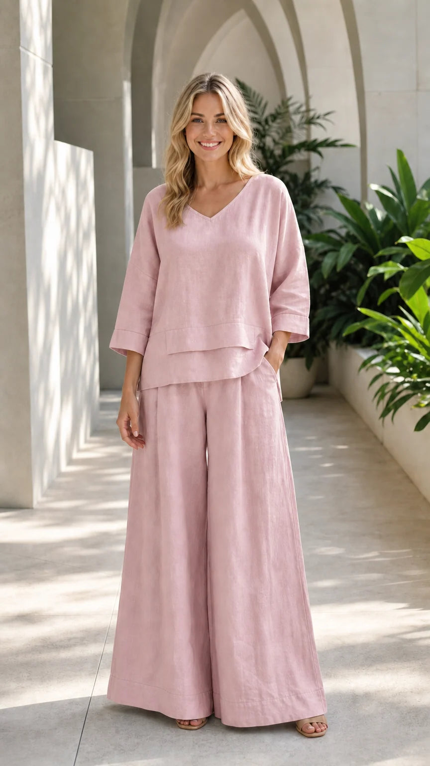 Woman wearing pink two-piece wide-leg lounge set