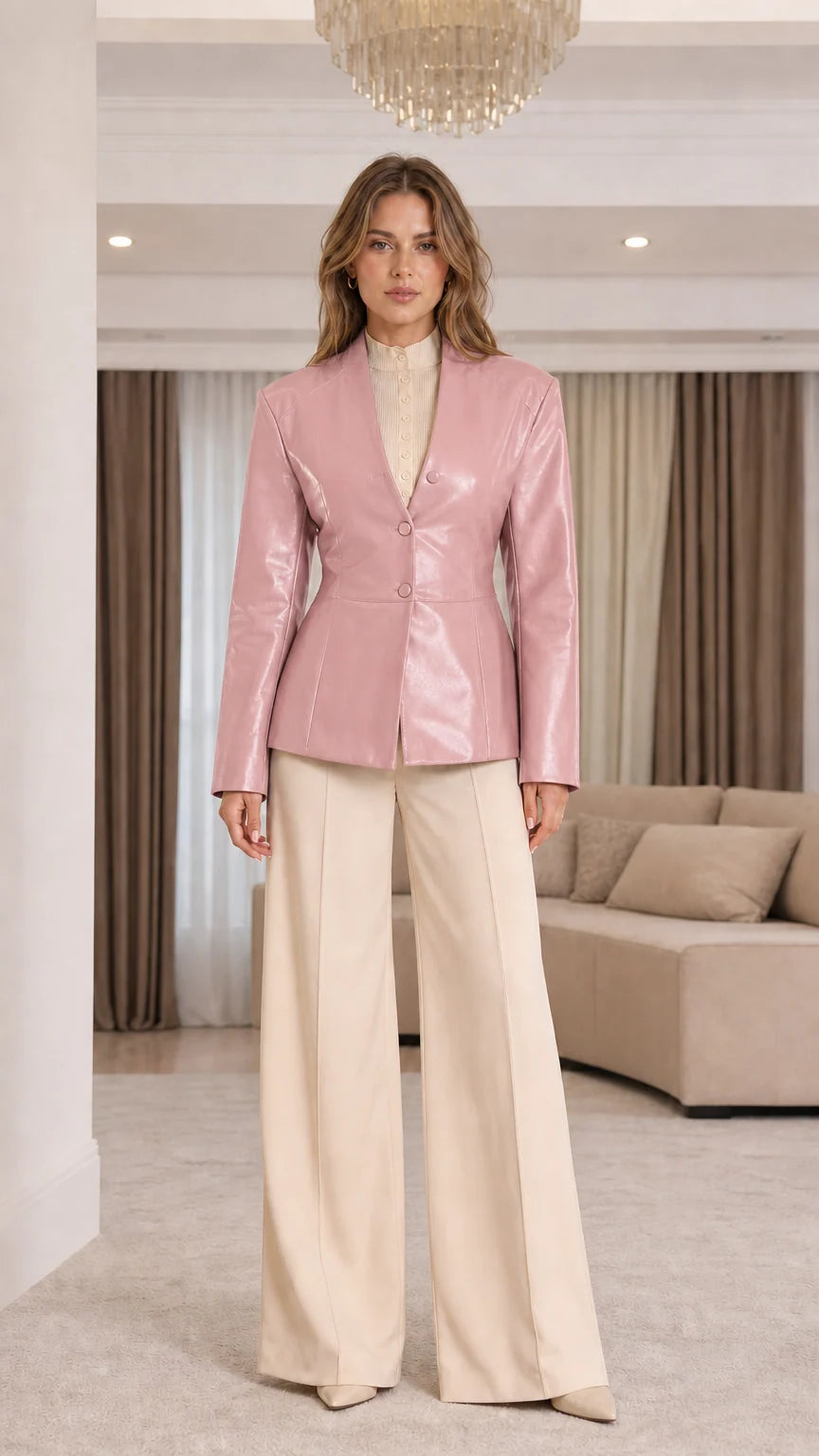 Front view of model wearing Blush Pink collarless faux leather blazer