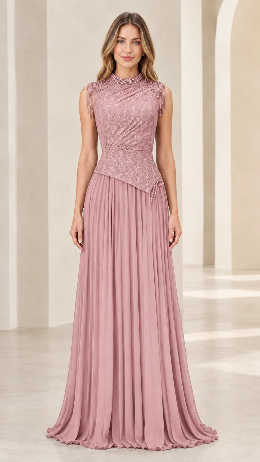 Model wearing dusty rose high neck beaded asymmetric pleated evening gown