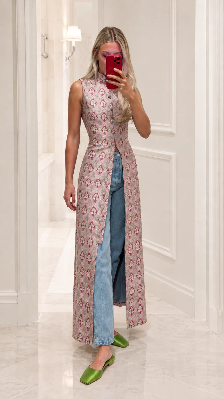 Model wearing blush pink patterned brocade maxi tunic with front slit