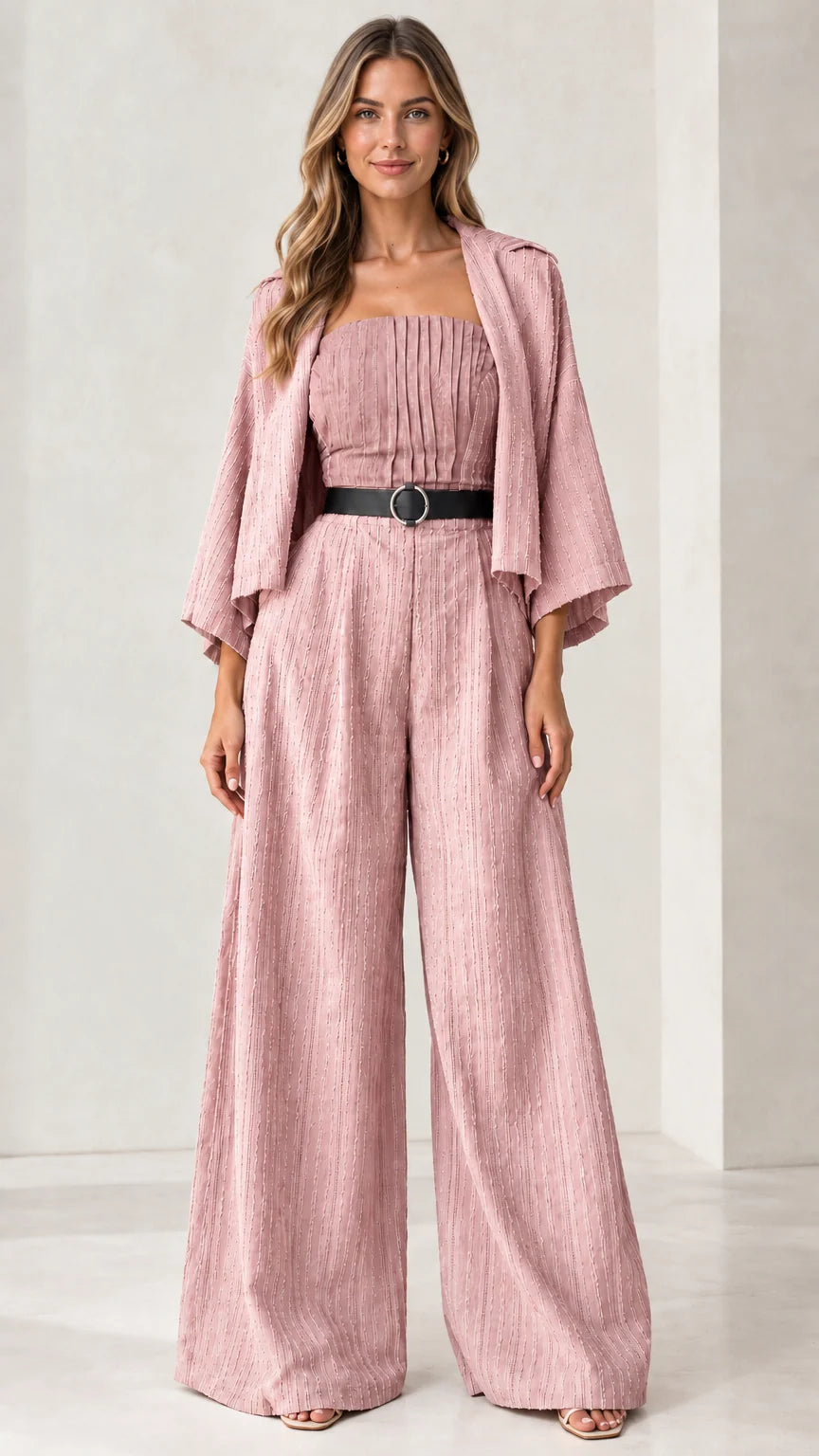 Full front view of the pleated bandeau wide-leg jumpsuit set in dusty pink
