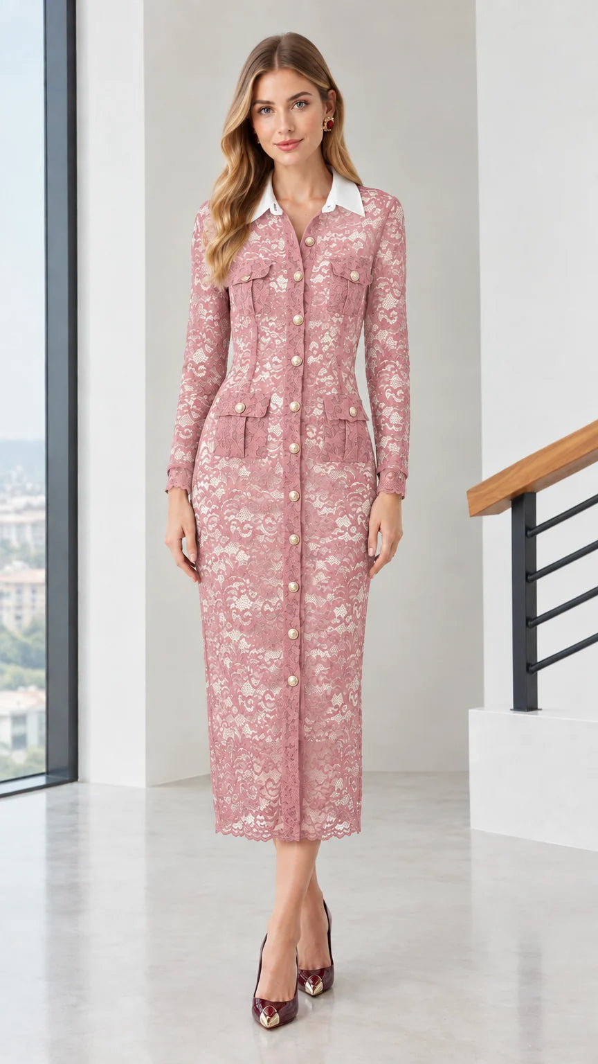 Full front view of dusty pink floral lace midi dress with white collar