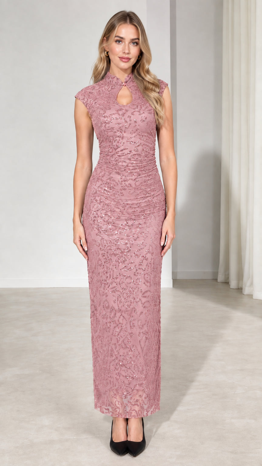 Front view of dusty rose pink sequin lace evening gown