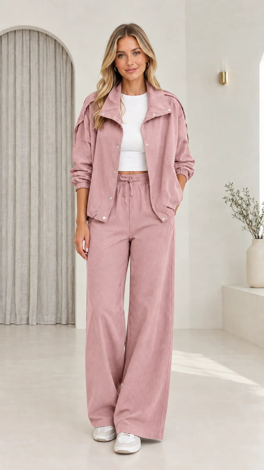Front view of model wearing dusty pink matching utility pant set