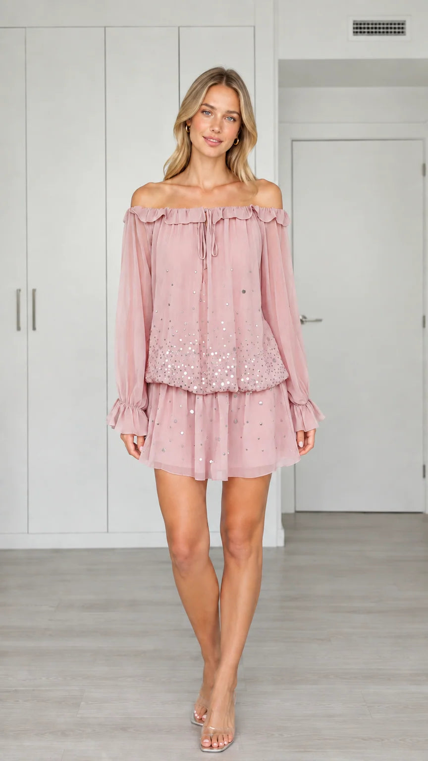 Front view of woman wearing Dusty Pink off-the-shoulder sequin chiffon mini dress