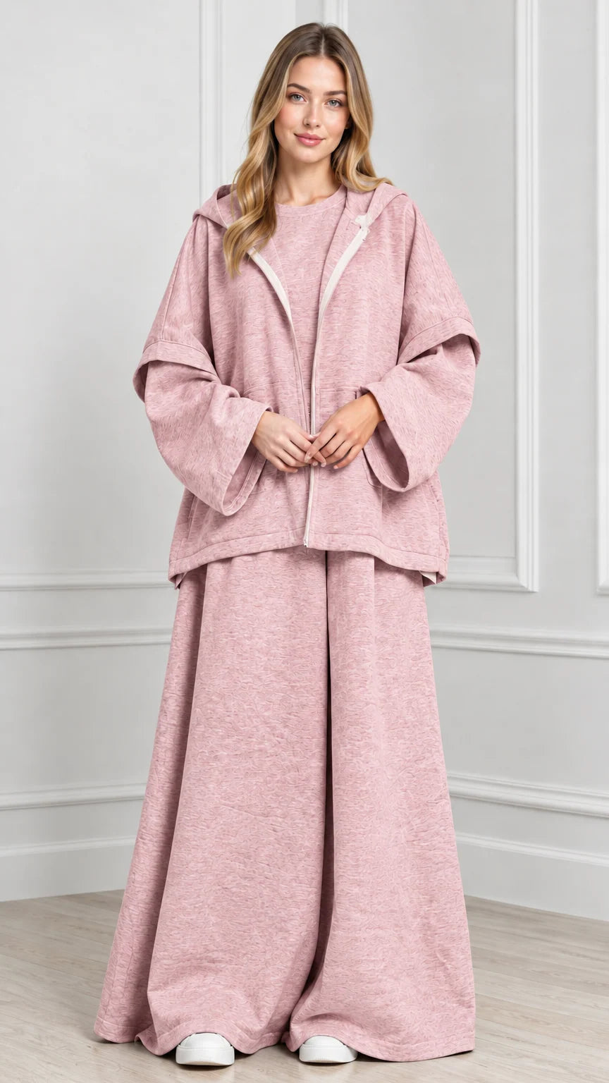 Front view of woman wearing Dusty Rose hooded cape jacket and wide-leg pants set