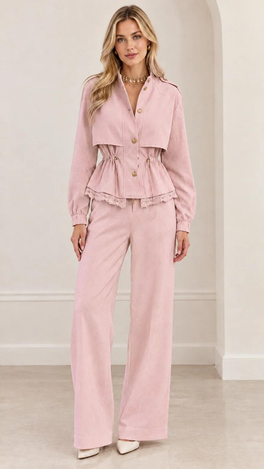 Full-length view of woman wearing dusty pink peplum jacket and matching wide-leg trousers