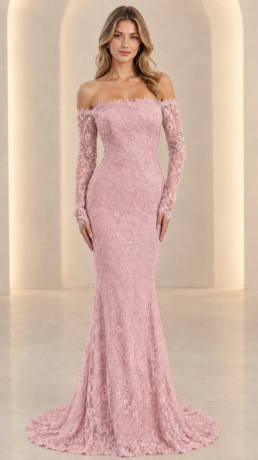 Front full view of dusty rose pink off-the-shoulder long sleeve lace evening dress