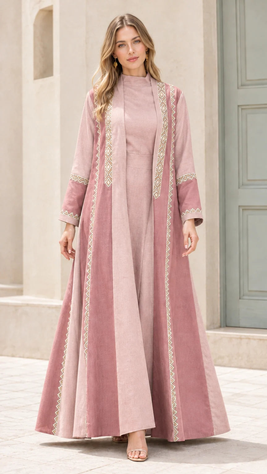Full-length view of dusty pink embroidered two-piece maxi abaya dress set