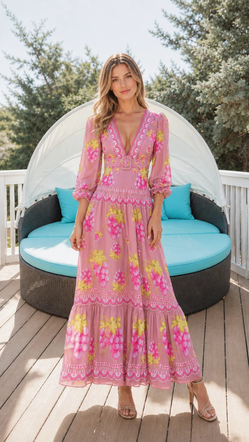 Woman wearing pink floral print maxi dress