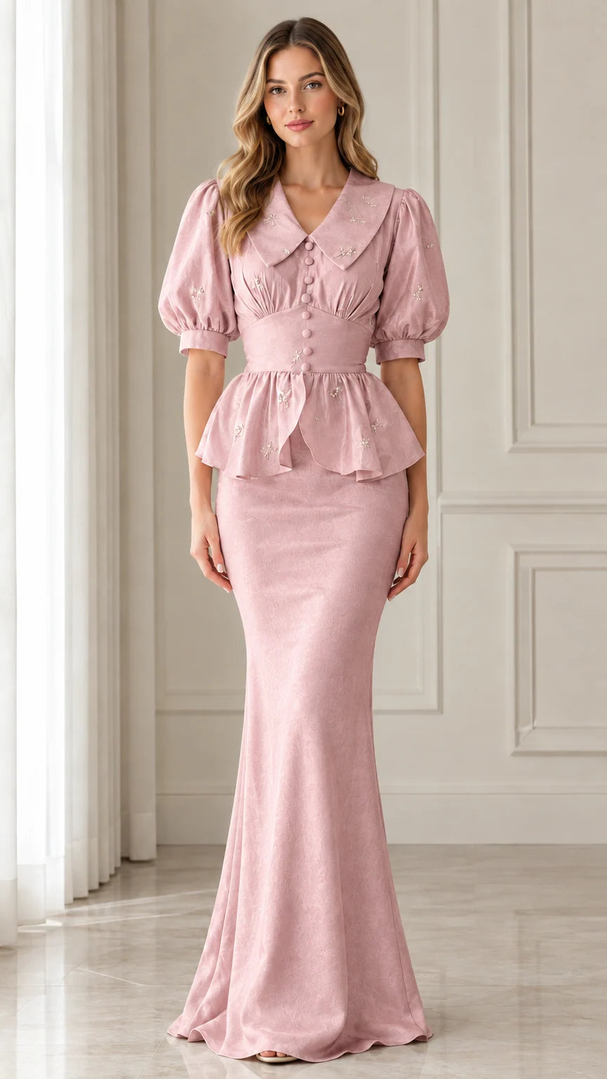 Front view of dusty pink embroidered collar peplum formal dress