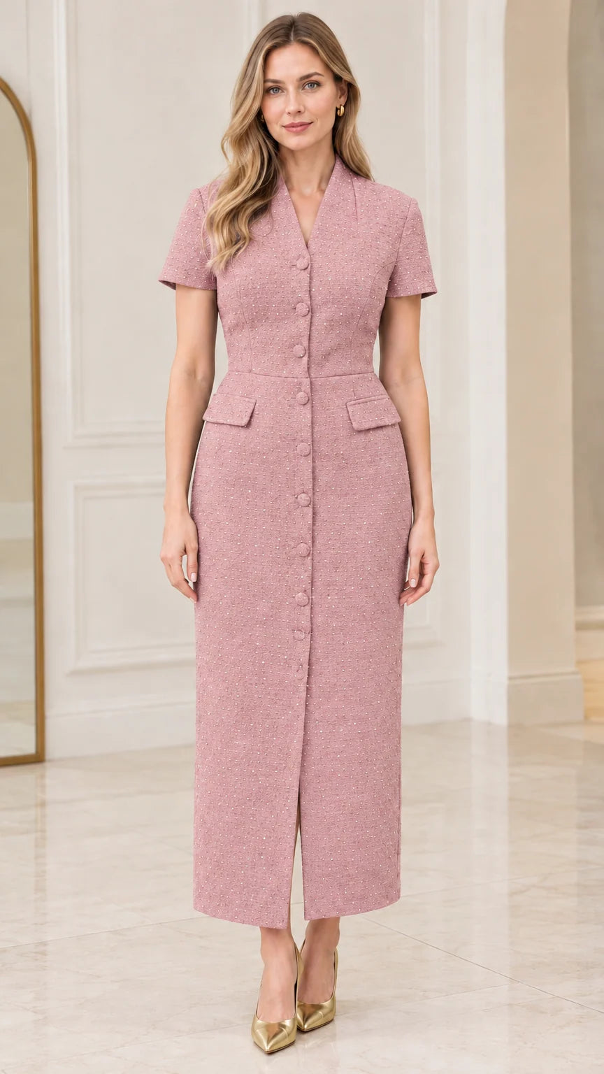 Model wearing dusty pink short-sleeve tweed midi dress with front buttons