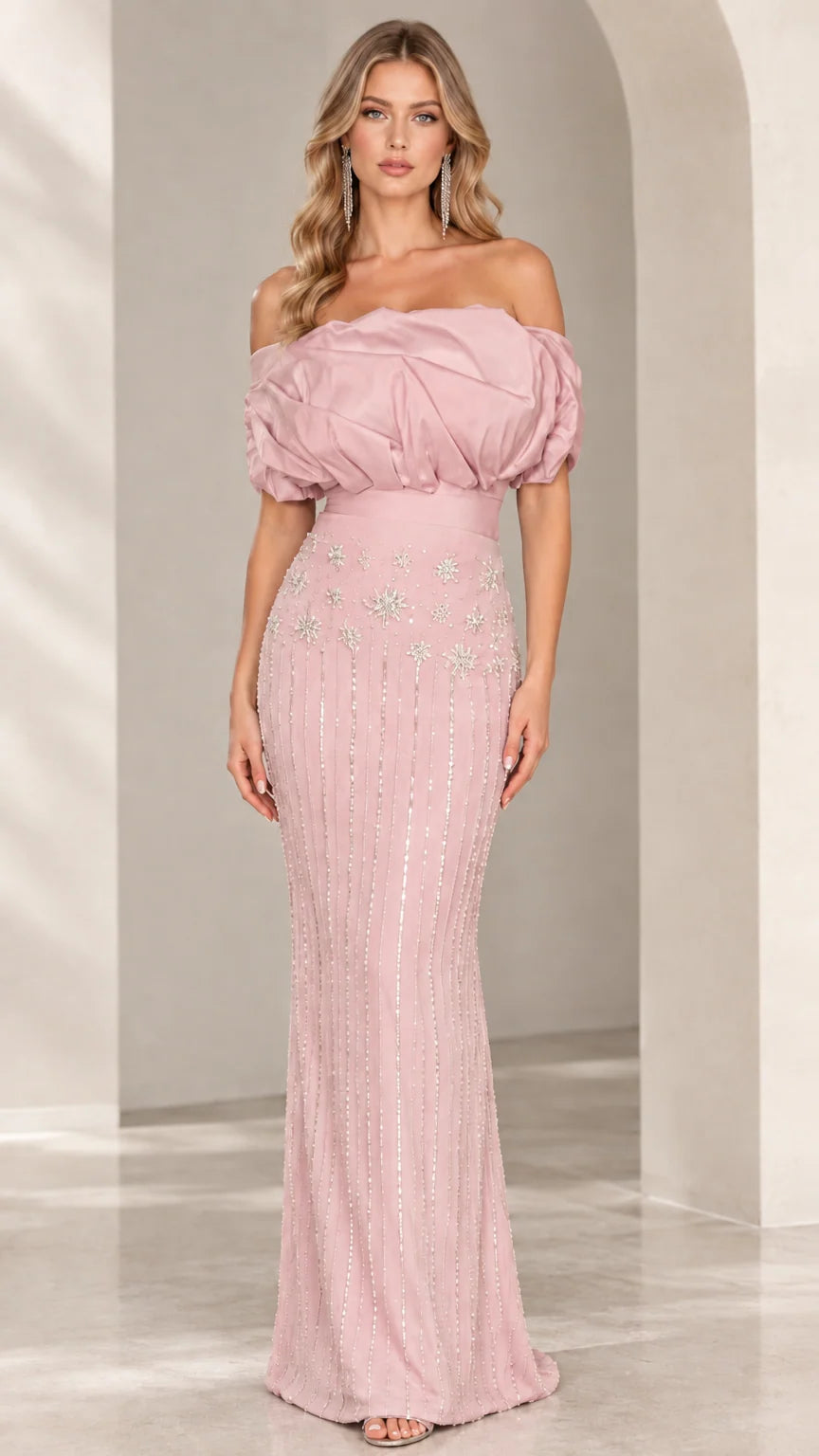 Blush pink off-the-shoulder beaded formal maxi dress