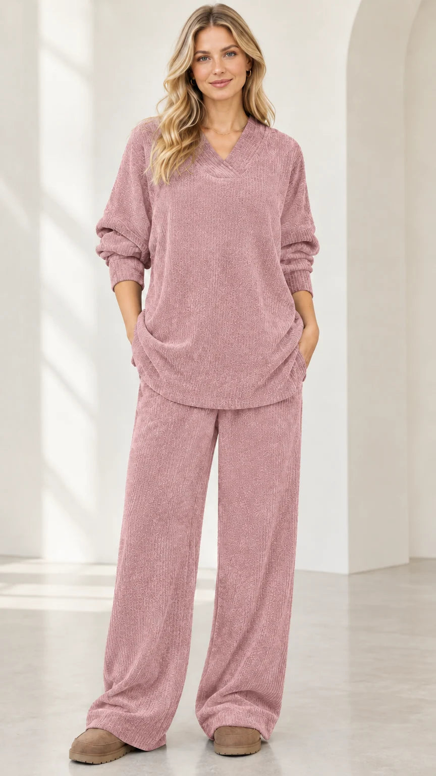 Front view of woman wearing dusty pink ribbed knit V-neck top and wide leg pants lounge set