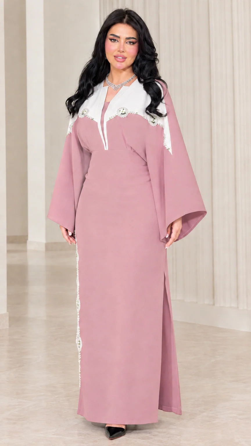 Dusty pink contrast embellished bell sleeve maxi dress front view