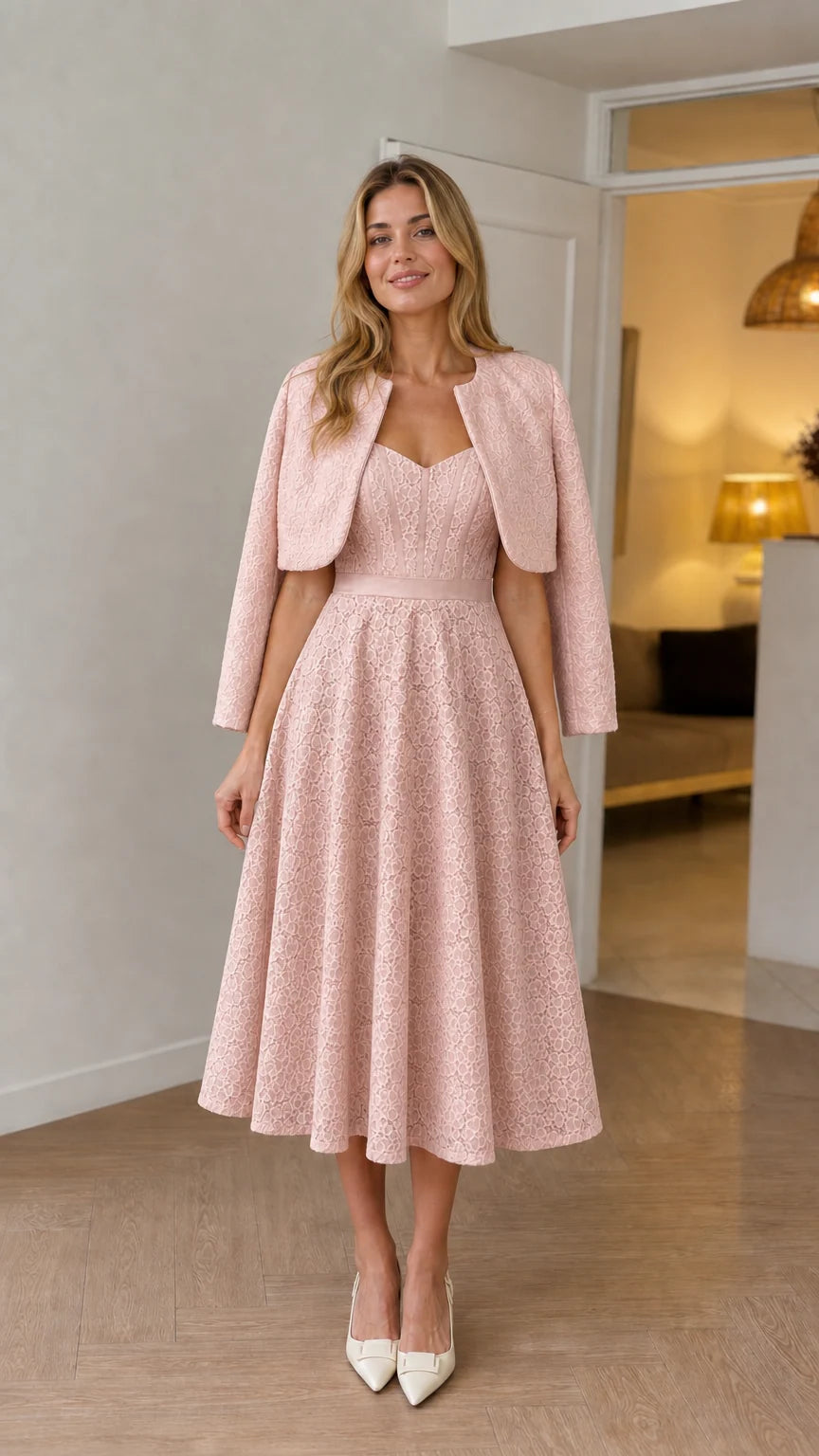 Blush Pink lace sweetheart midi dress and bolero jacket set
