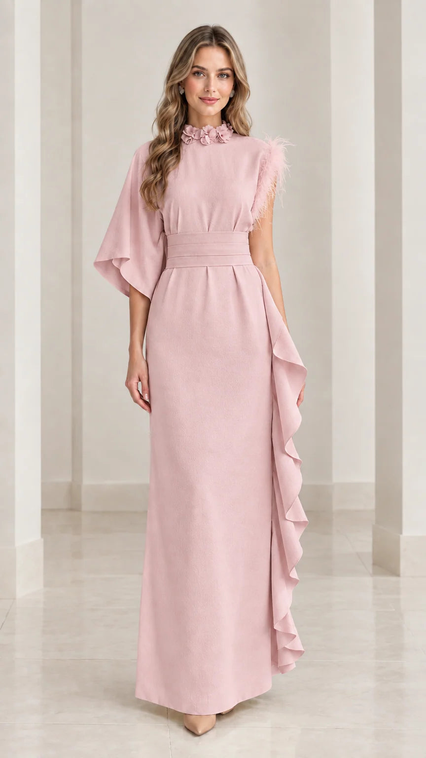 Blush pink asymmetrical formal maxi dress with cape sleeve and side flounce