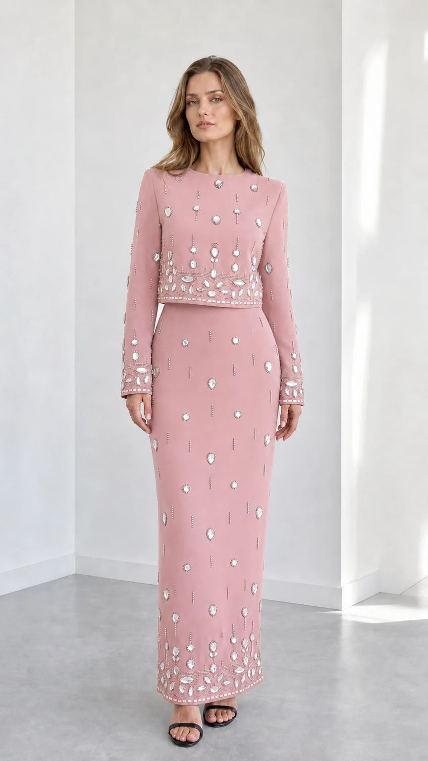 Dusty pink long sleeve rhinestone embellished top and maxi skirt two-piece formal set