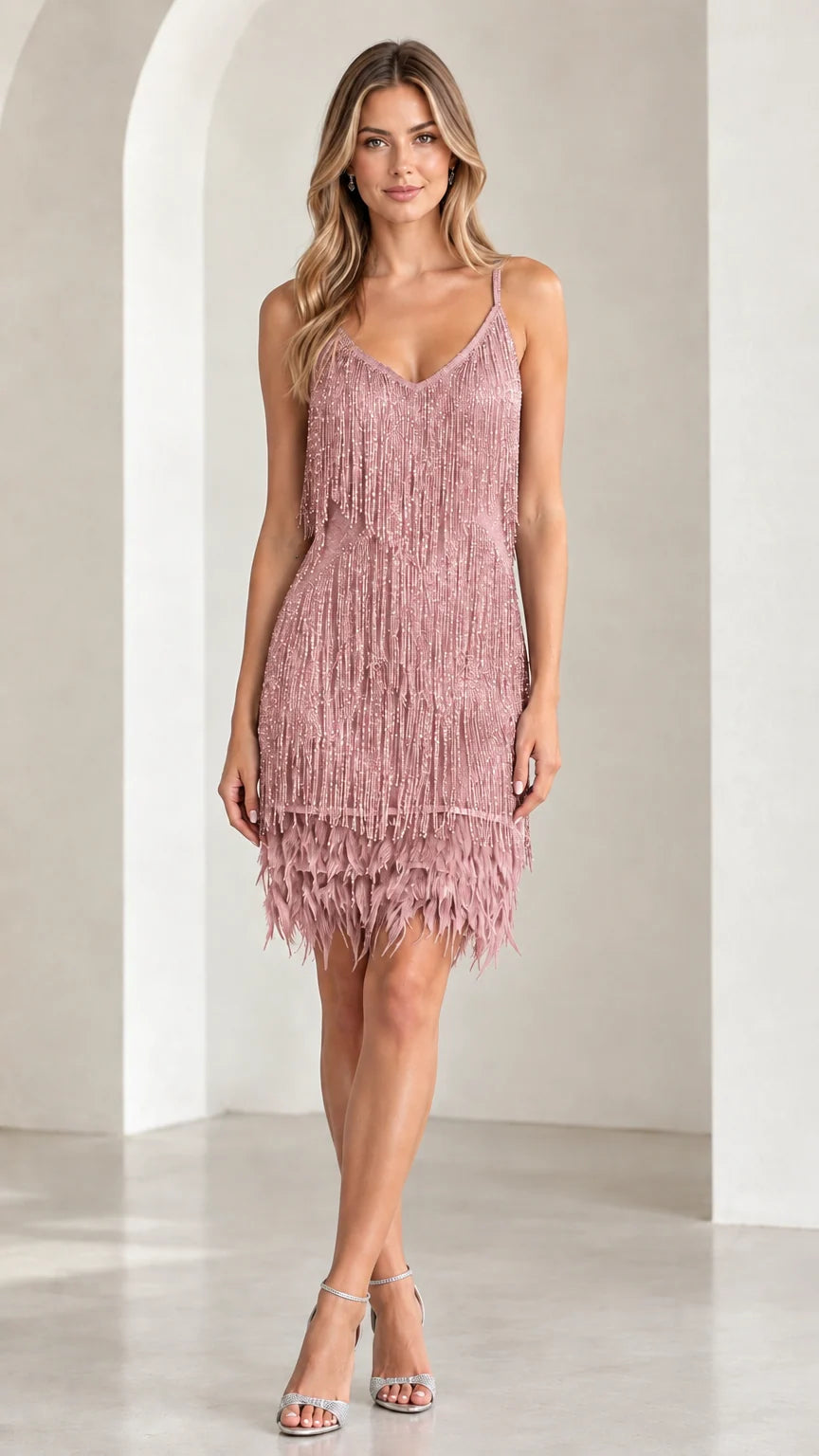 Front view of dusty pink fringe flapper cocktail dress