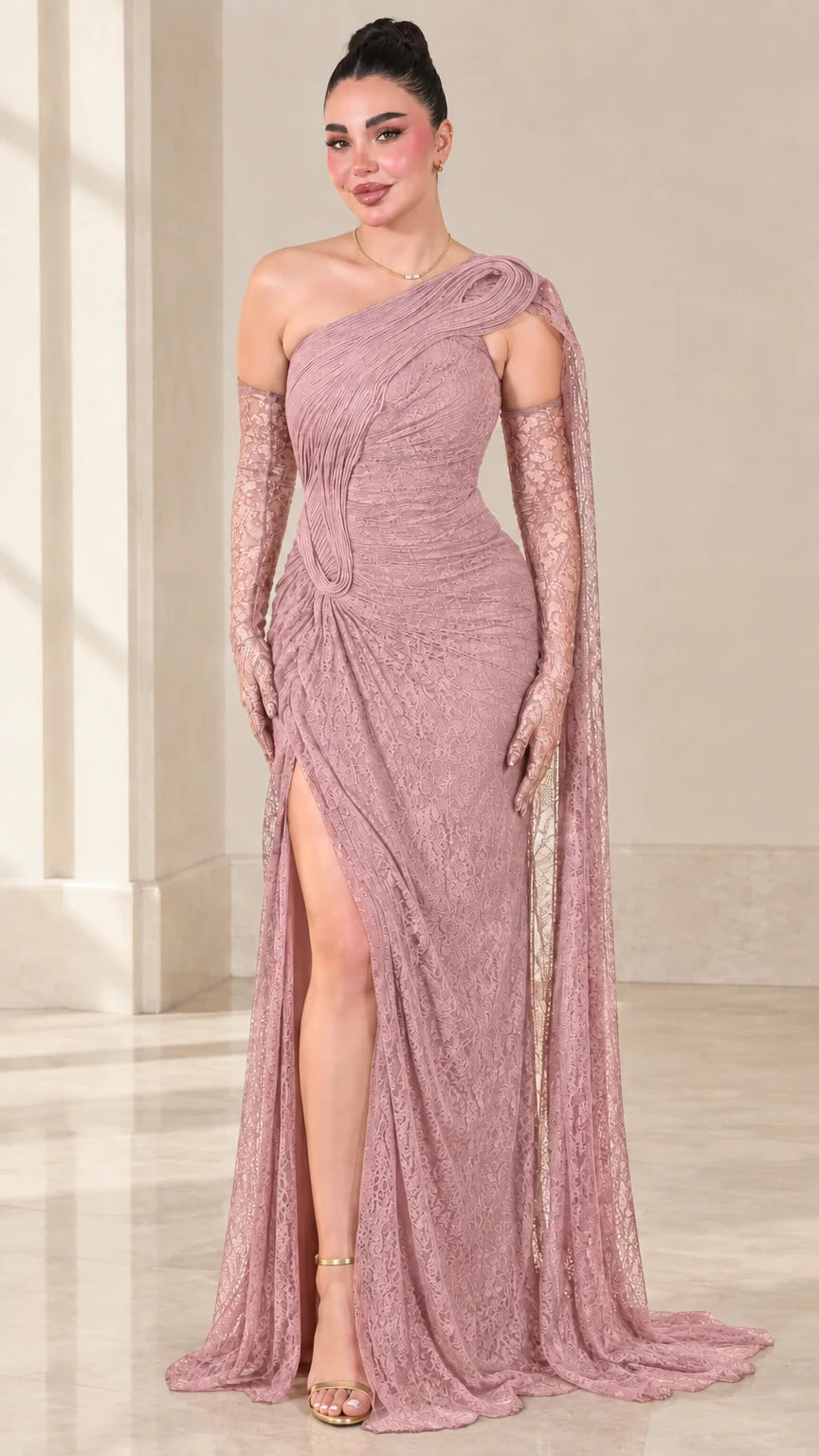 Dusty rose one-shoulder ruched lace formal maxi dress with cape and matching gloves