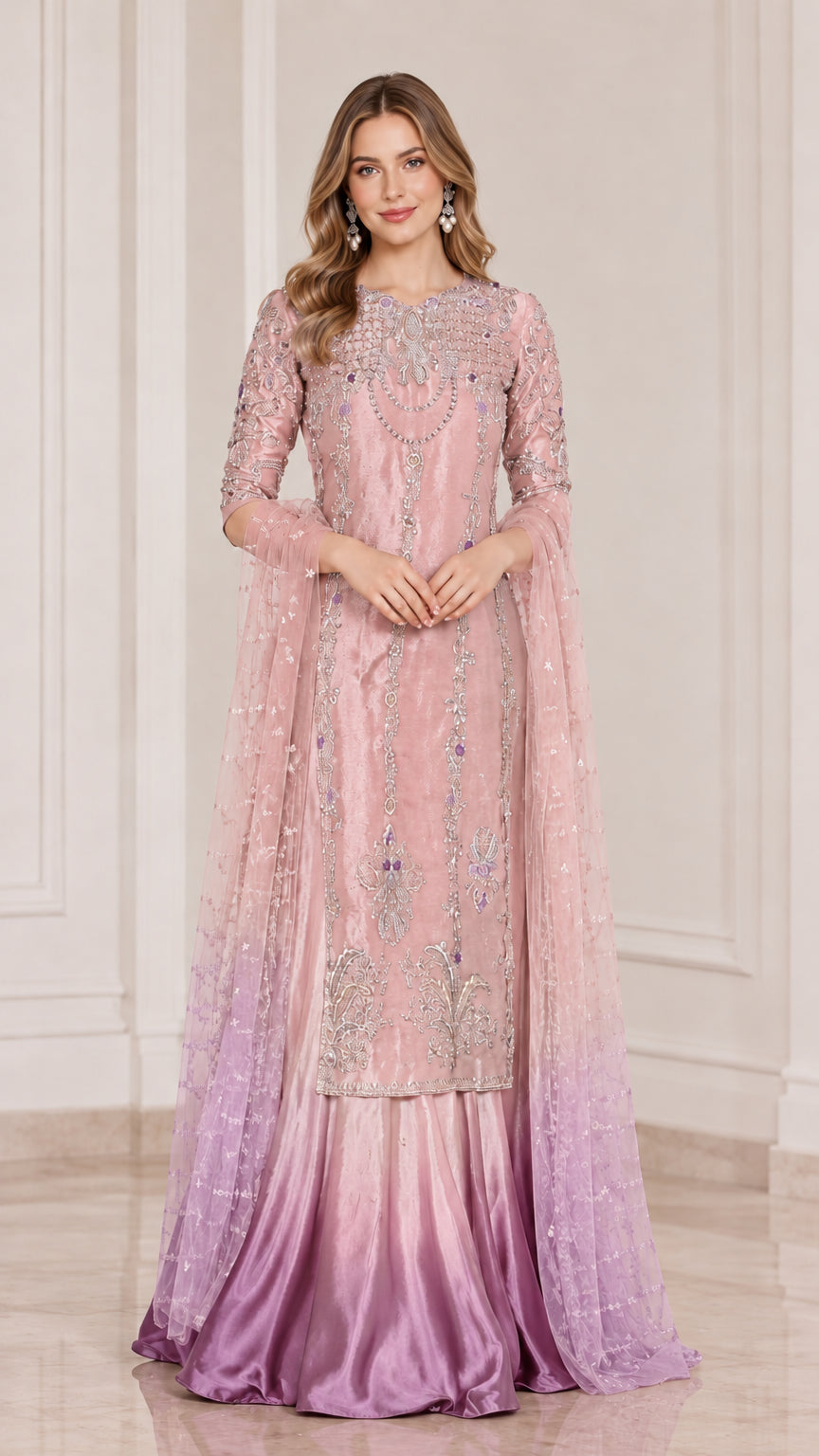 Full-length view of blush pink and dusty rose ombre embroidered tunic skirt set