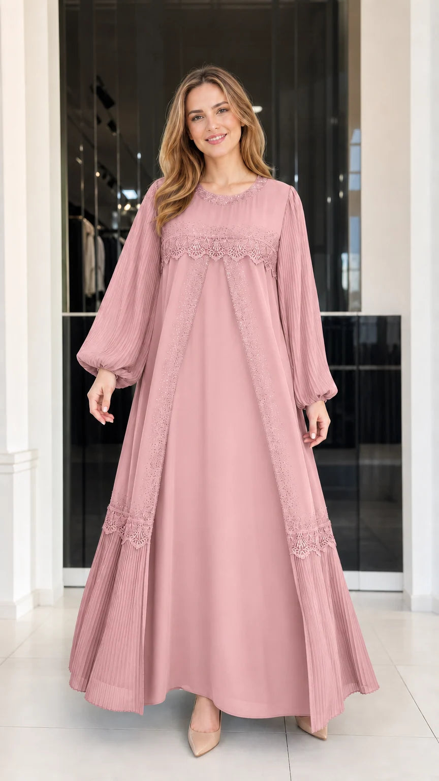 Front view of woman wearing dusty pink long sleeve lace trim evening maxi dress