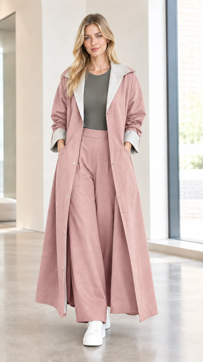 Model wearing dusty pink long duster trench coat with grey trim