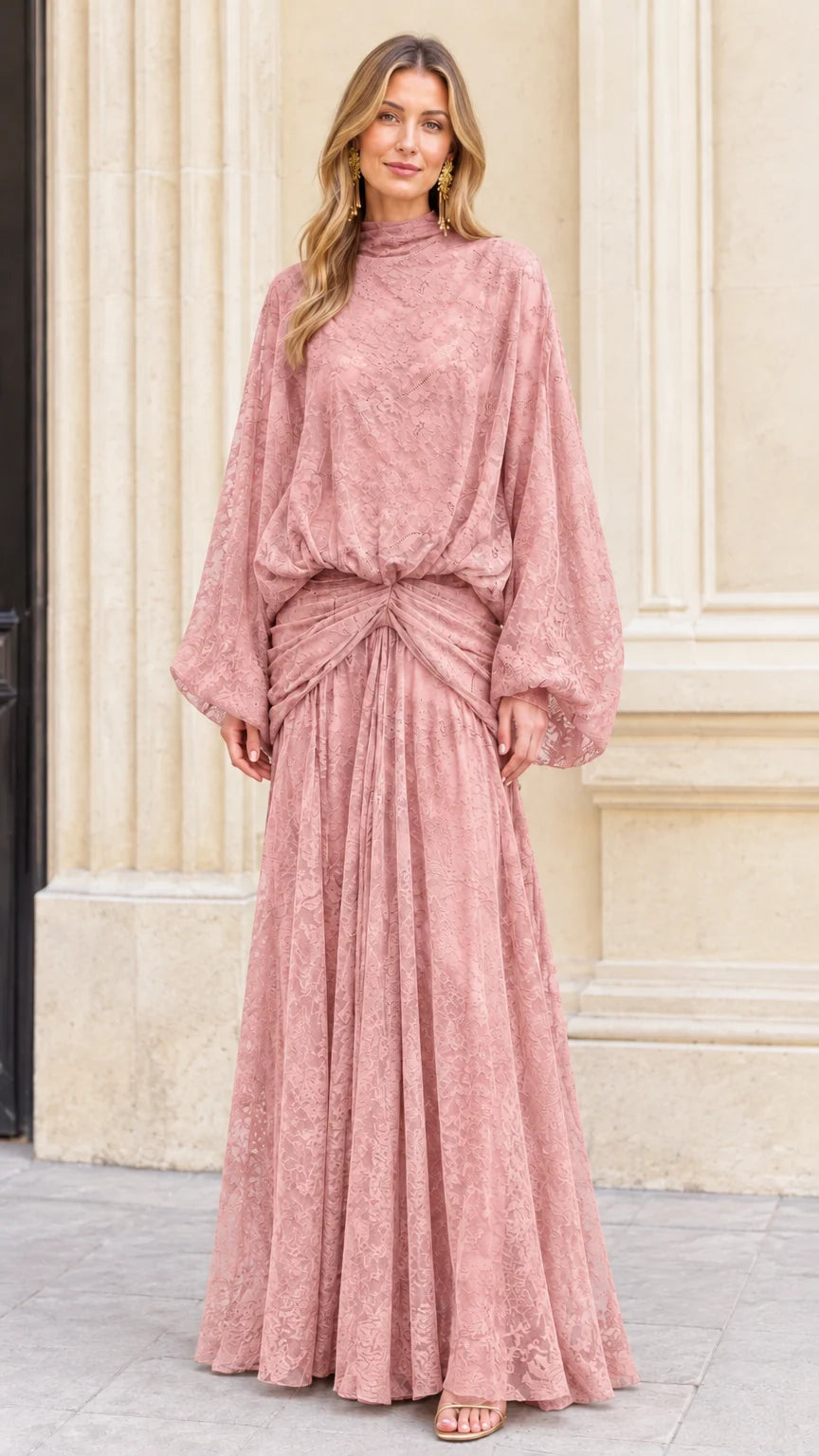 Model wearing romantic Dusty Pink high neck lace maxi dress with draped waist