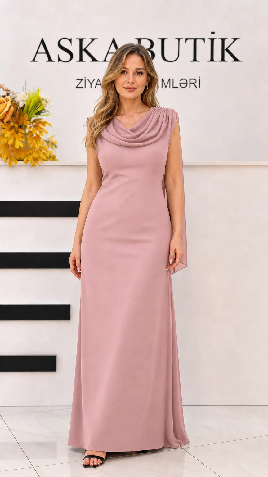 Front view of dusty pink cowl neck sleeveless evening maxi dress