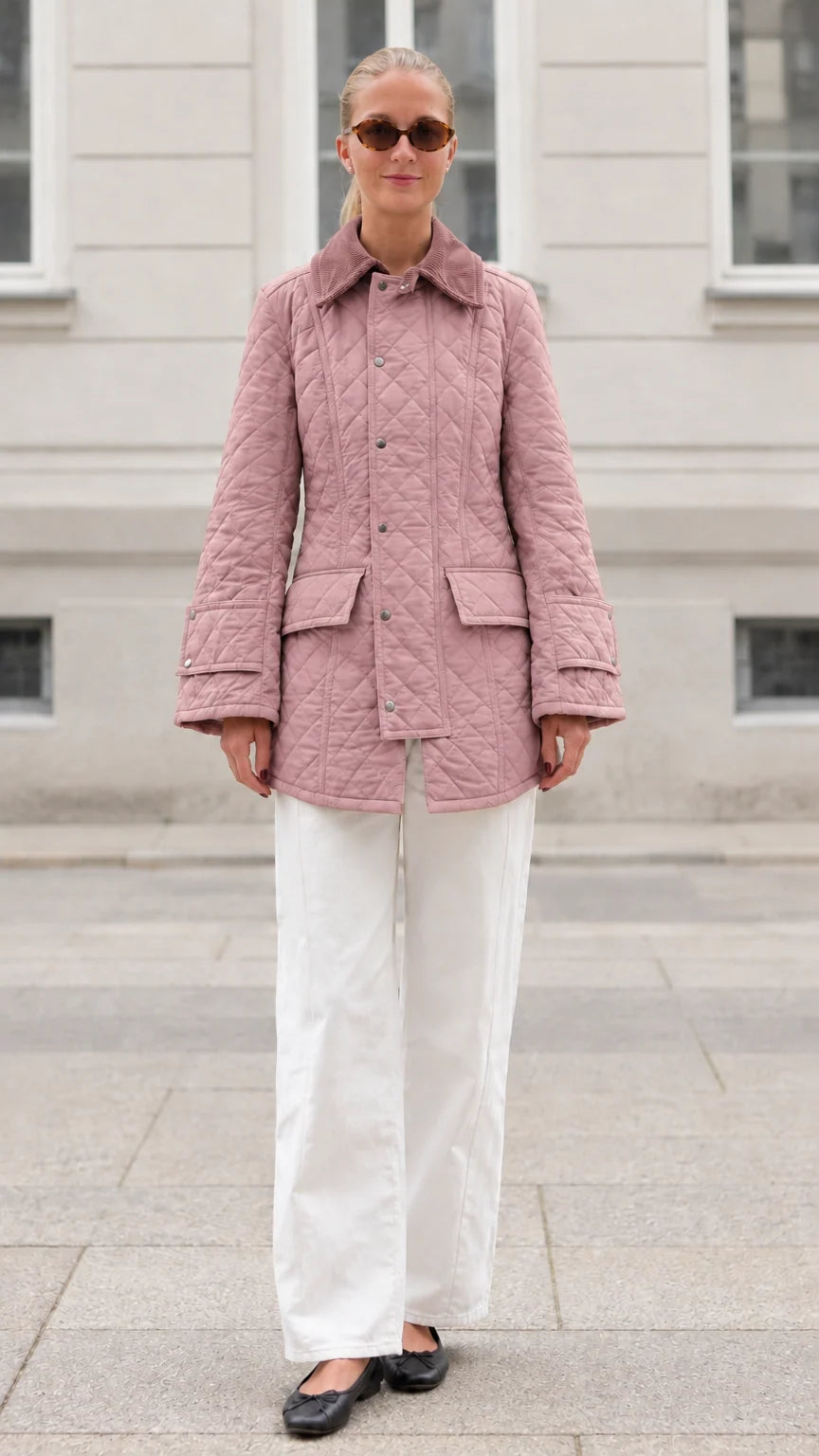 Front full-length view of woman wearing dusty pink diamond quilted barn jacket