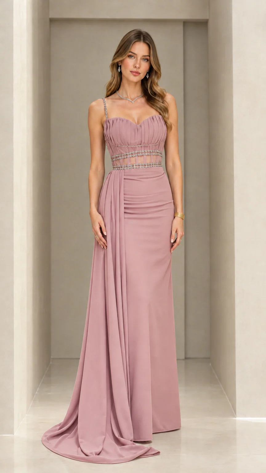 Front view of dusty rose sweetheart evening gown with cascading side drape