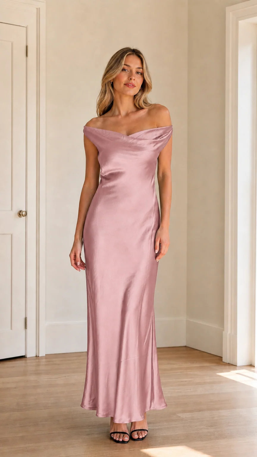 Model wearing pink off-shoulder satin maxi dress