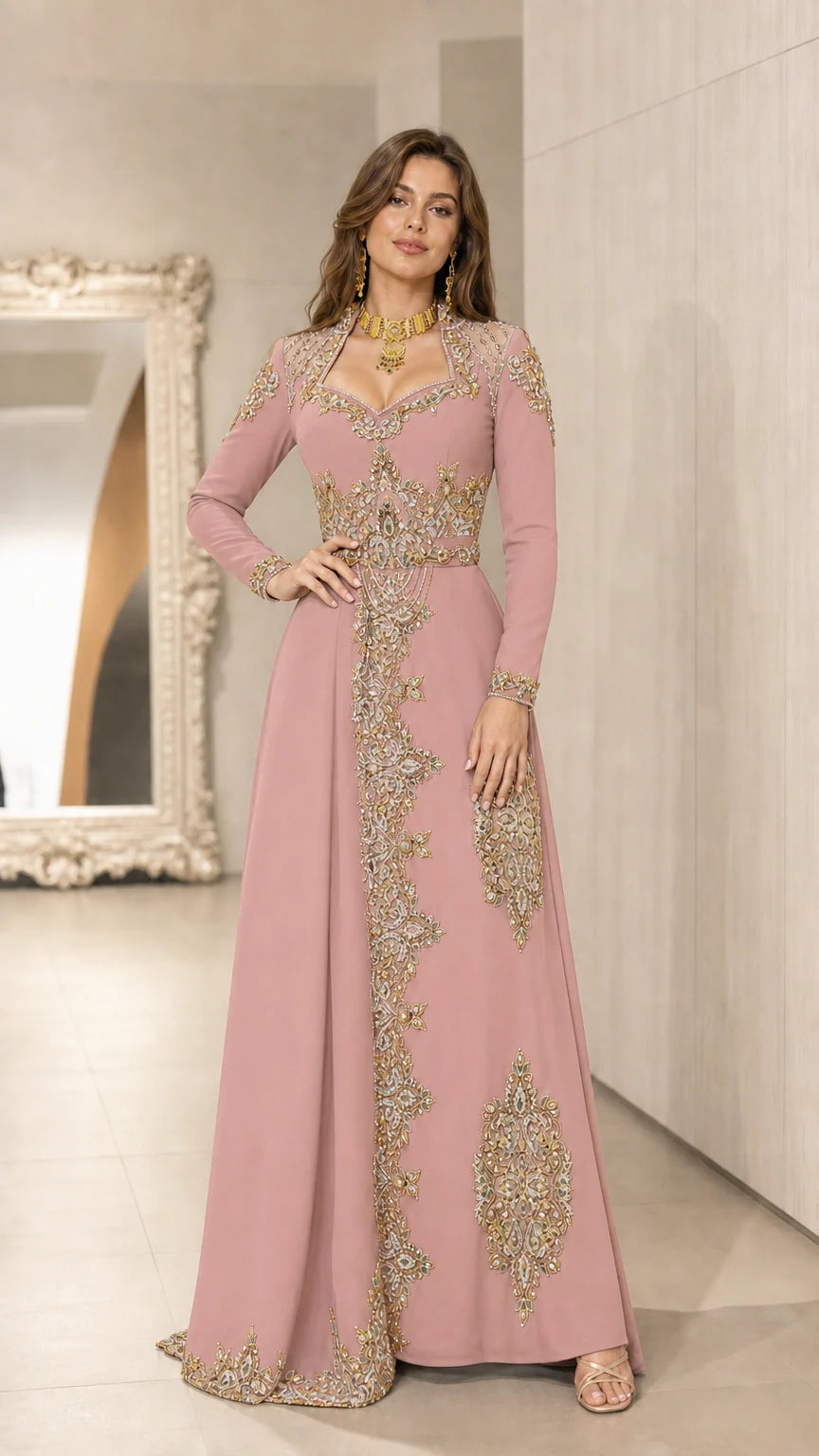 Dusty pink embroidered long sleeve kaftan formal gown