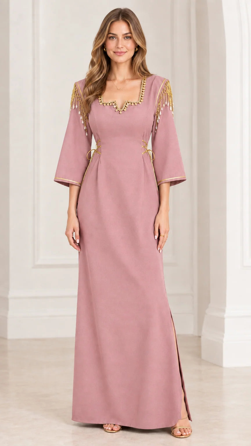 Full-length view of dusty pink maxi dress with gold beaded shoulder details