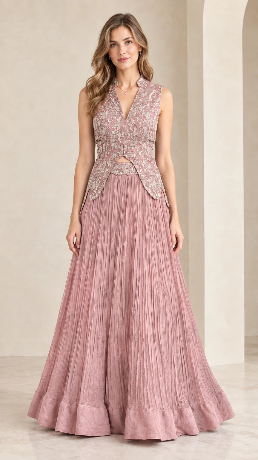 Front view of woman wearing dusty rose embroidered sleeveless maxi gown set