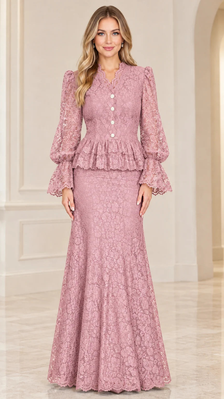Front view of dusty rose pink floral lace peplum evening dress