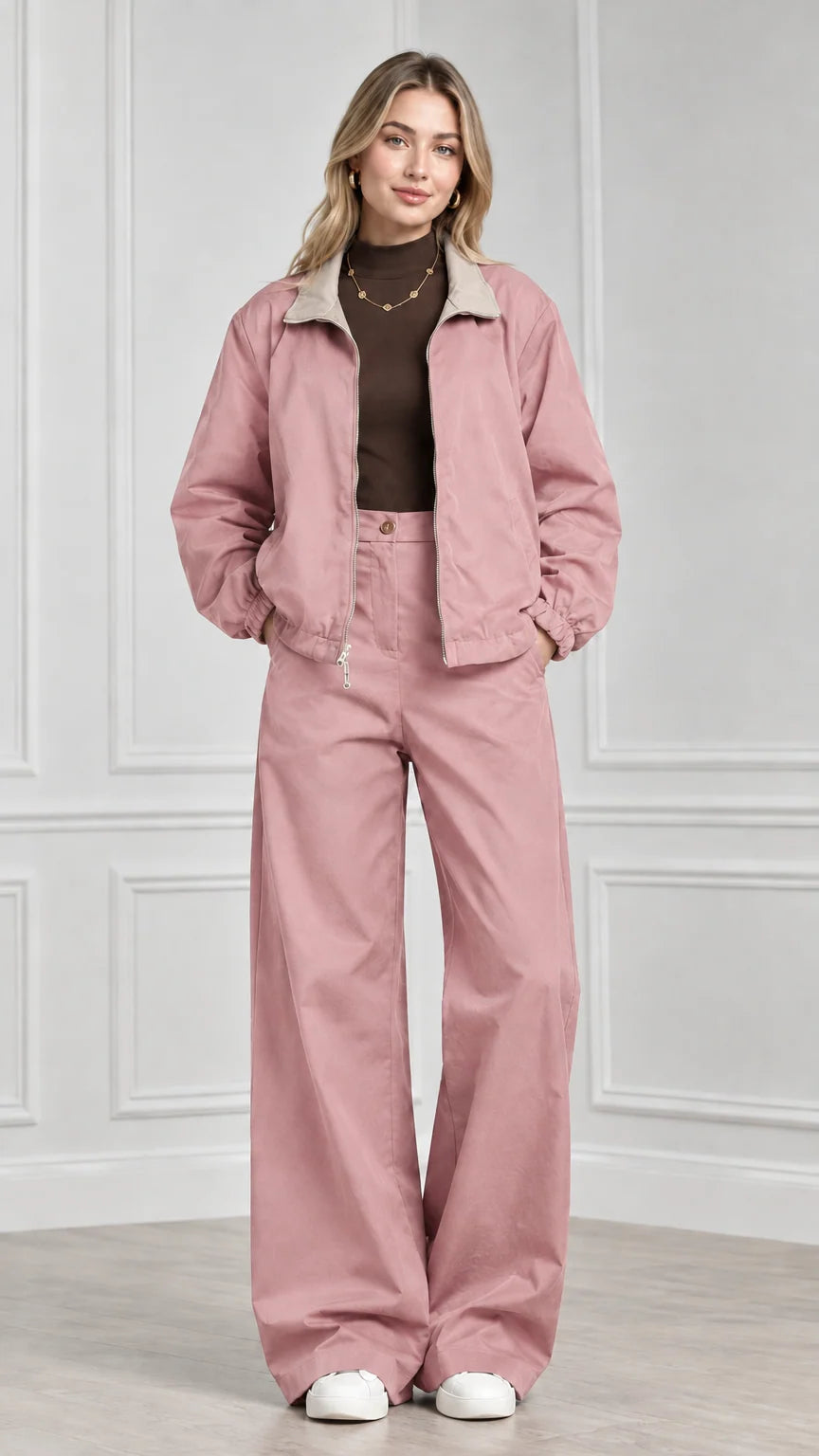 Front view of model wearing dusty pink two-piece jacket and wide-leg trouser set