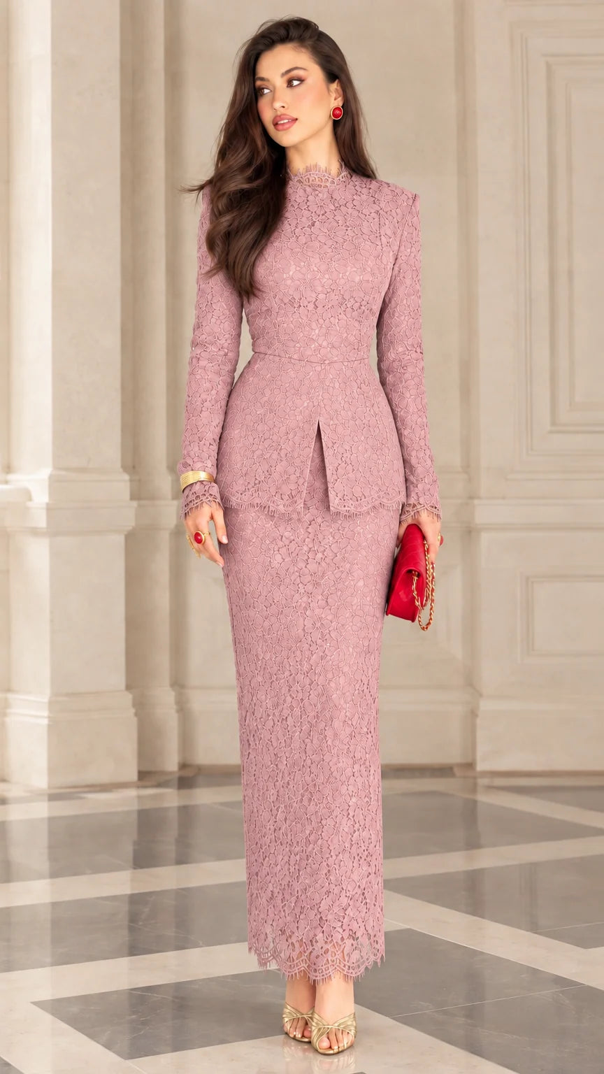 Model wearing dusty pink long sleeve floral lace peplum maxi skirt set