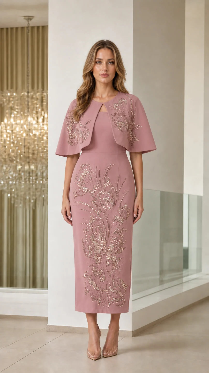 Dusty pink sequin embellished capelet midi sheath formal dress