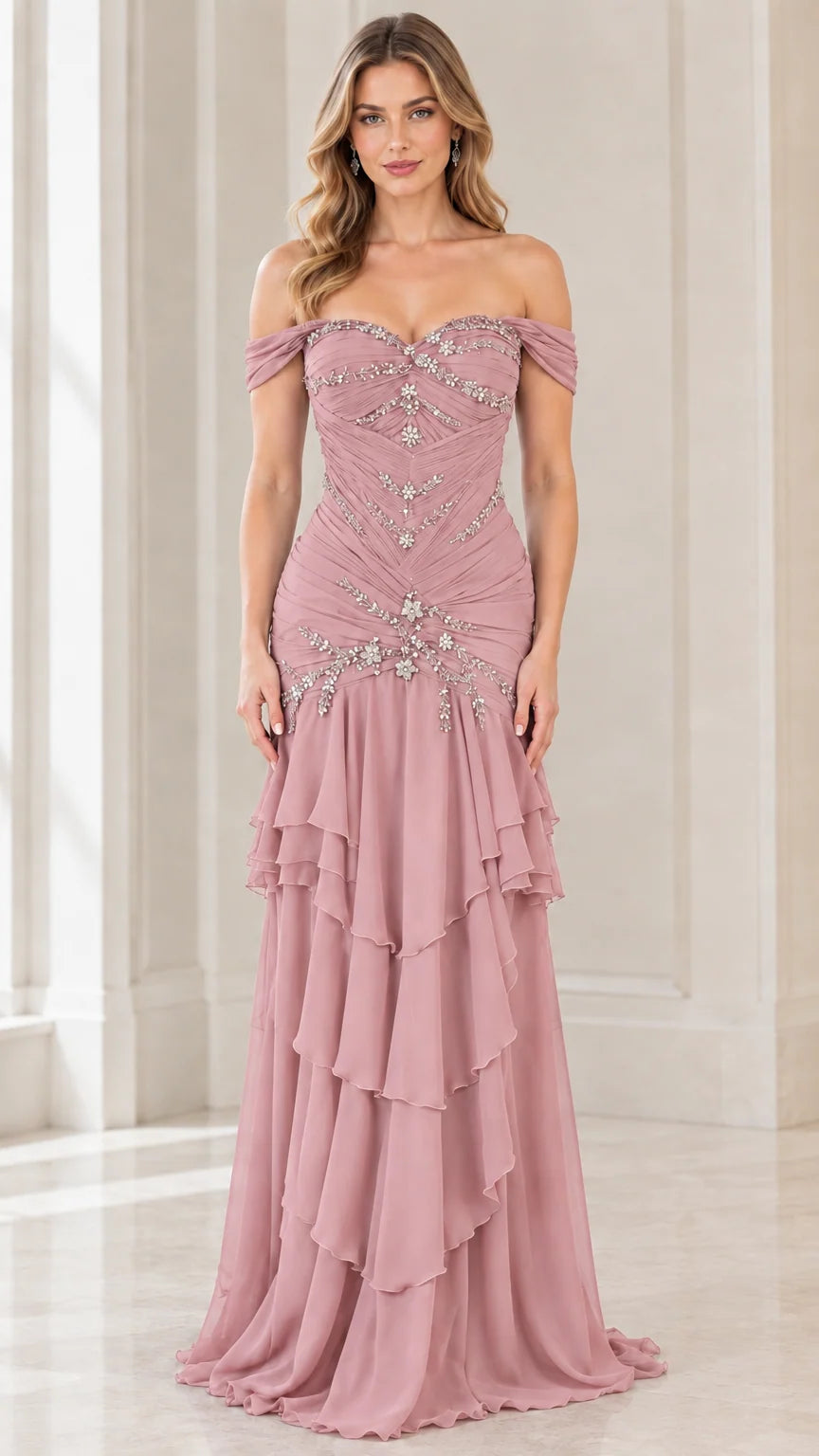 Front view of dusty rose off-the-shoulder beaded tiered evening gown