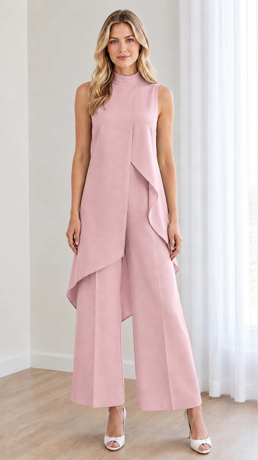 Front view of dusty pink draped wide leg formal jumpsuit