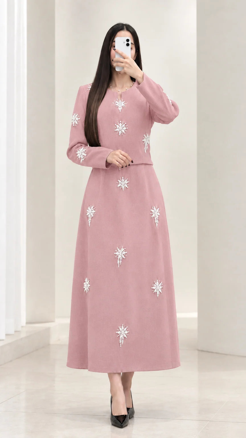 Dusty pink embellished long sleeve top and maxi skirt set