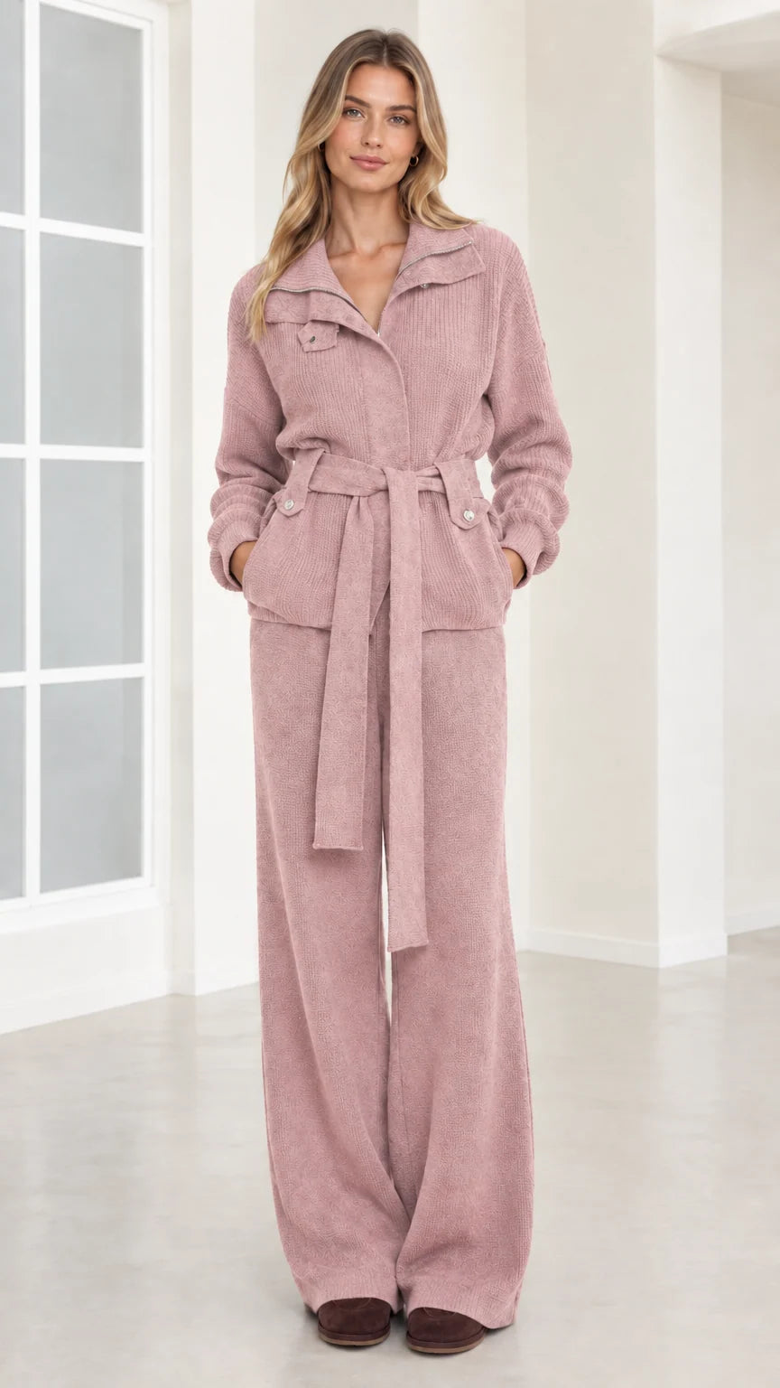 Front view of woman wearing dusty pink ribbed knit belted two-piece set